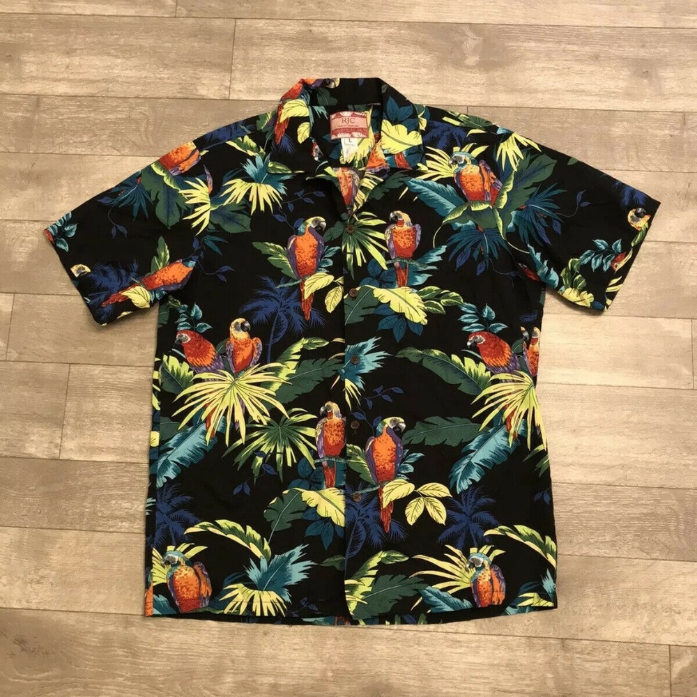 RJC Parrots Palm Trees Hawaiian Shirt Mens Size L